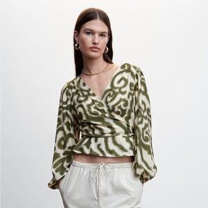Mango Olive Patterned Blouse Size S